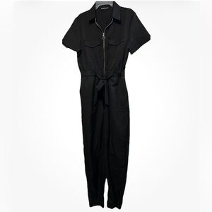 Eilly Bazar Black Utility Jumpsuit L One Piece Tie Waist Zip Front Size Large